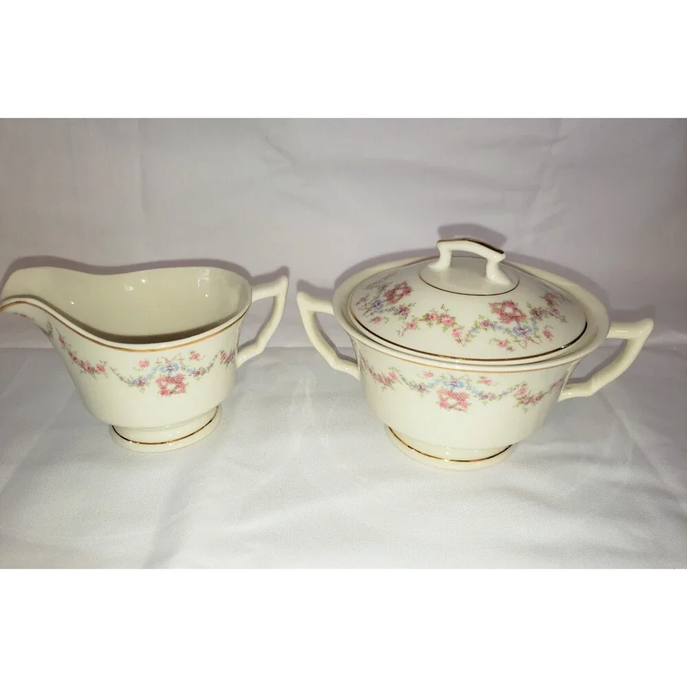 VTG Old Ivory Covered Sugar Bowl Creamer W/Lid Floral Arcadia Syracuse China 50s